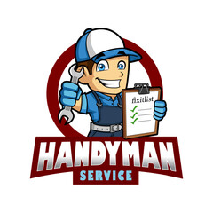 Handyman Service Mascot Cartoon with Checklist Logo