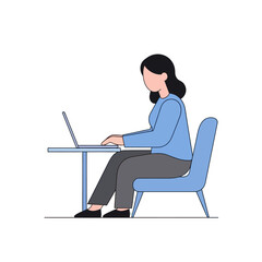 Side view of a female professional concentrating on a laptop, symbolizing digital workflow and modern business communication. Minimalist vector character design