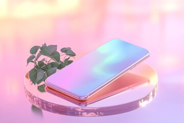 A modern, rose-gold smartphone rests on a round, mirrored platform, showcasing a vibrant gradient display and lush greenery.