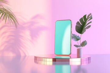 A pastel-toned display featuring a light teal smartphone, tropical plants, and a rose gold pedestal.