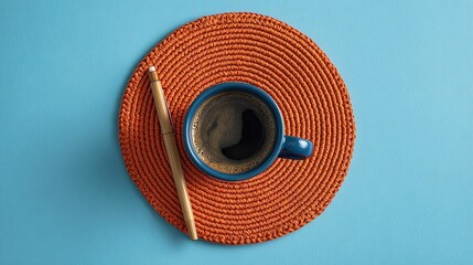 Top-down view of orange knitted placemat with coffee cup & pen—blue background; minimalist product photography style, bright airy feel, high resolution, ideal for home decor, lifestyle content