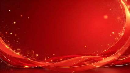 Elegant red and gold festive background with ribbon and bokeh particles