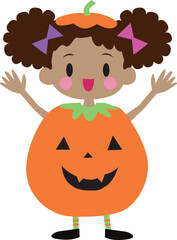 Illustration of a cute girl with Halloween pumpkin costume.  Vector Illustration.