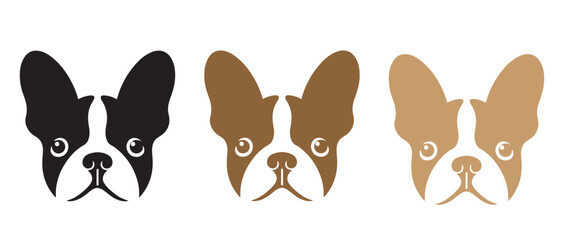 Boston Terrier Dog Face Icon Set. Black, Brown & Tan Variants for Pet Design.
