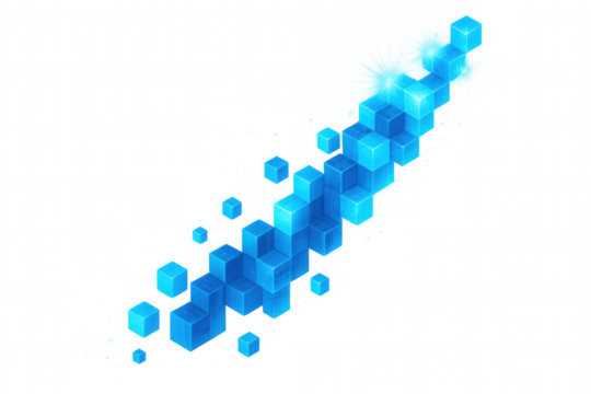 Blue cubes are flowing on a transparent background, creating a visual representation of data stream or digital information flow