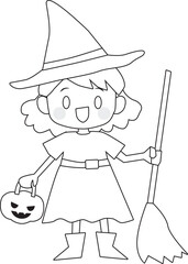 Line drawing of a cute girl with Halloween witch costume.  Vector Illustration.