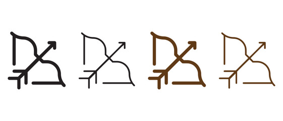 Bow and Arrow Icons. Black and Brown Line Variants in Minimalist Style.