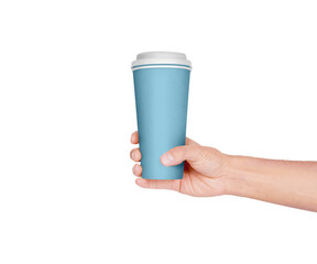 Human hand presenting a modern, eco-conscious light blue reusable travel mug with a white lid, promoting sustainable hydration and on-the-go convenience