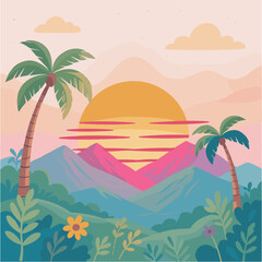Obraz premium Colorful Illustration Tropical Sunset Palm Tree Mountain Landscape Scene