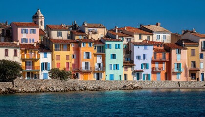 Obraz premium Vibrant waterfront buildings line a picturesque harbor, showcasing a spectrum of cheerful colors against a clear, sunny sky.