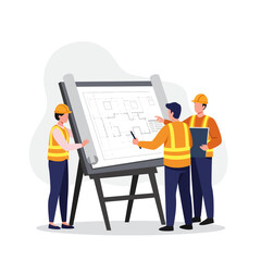 A dedicated team of construction engineers and architects in safety vests meticulously examines building plans, ensuring project success and efficient development.