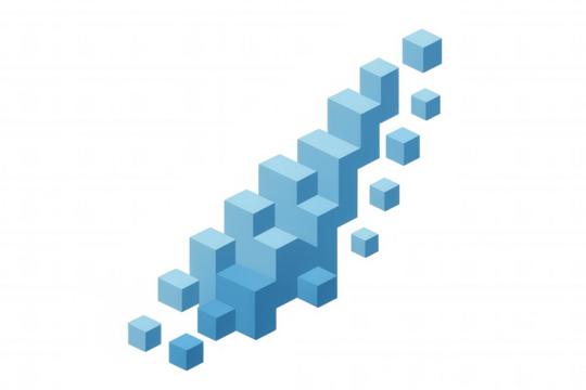 Blue cubes expanding, dissolving against transparent backdrop, representing technological progression, data visualization, scientific innovation