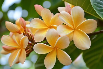 Fototapeta premium Close-up of vibrant, pale yellow plumeria blossoms on a branch
