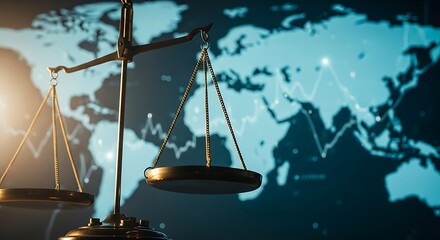 Legal scales with world map background symbolizing global law and international justice