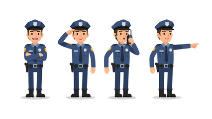Flat illustration of Four police officers in various poses, demonstrating different actions and gestures in uniform