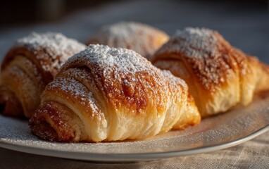 Close-up view of three flaky croissants, dusted with powdered sugar, on a plate.