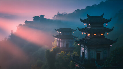 Obraz premium Mystical Temples on Misty Mountain Peaks at Sunrise