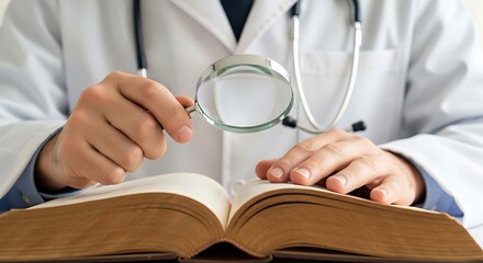 Doctor examining a medical textbook with magnifying glass medical research and study