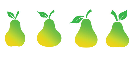 Pear Icon Set. 4 Gradient Pear Silhouettes with Green Leaves.