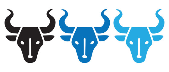 Bull Head Icon Set. 3 Bull Silhouettes in Black and Blue Gradient Tones.