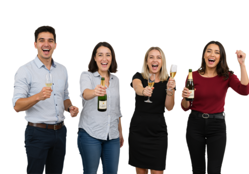 Joyful group of friends toasting with champagne, celebrating a special occasion with happiness and excitement