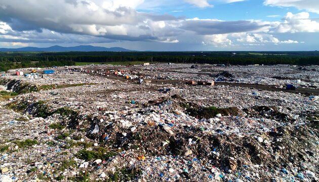 Landfill filled with waste and plastic debris shows environmental challenges in waste management