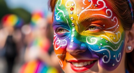 A woman with vibrant rainbow face paint smiles joyfully at a pride event, celebrating diversity, love, and lgbtq community