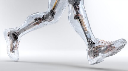 Artificial Intelligence and advanced robotics showcase transparent mechanical legs in motion with intricate internal wiring and components.