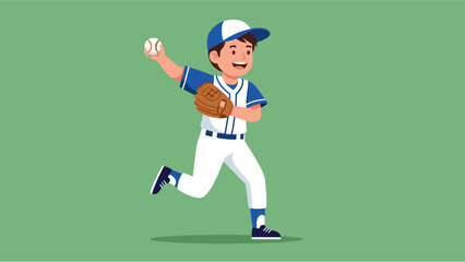 Fototapeta premium Flat illustration of Young Baseball Player in Action Throwing the Ball with Enthusiasm on Green Background