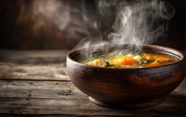 A hearty, steaming bowl of vegetable and chicken soup, filling and comforting, sits on a rustic wooden table.
