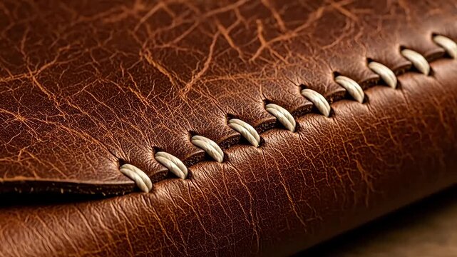 Close-up of stitched brown leather with visible grain and worn creases, high-detail, cinematic macro

