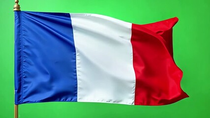 Dynamic French flag waving proudly against a vibrant green screen background, perfect for patrioticthematic projects.