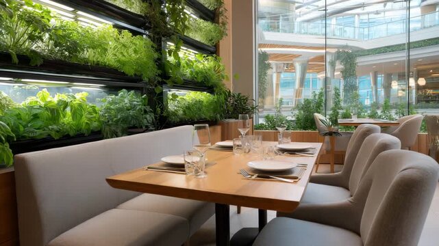 A restaurant with a table and chairs. Dining table setup inside futuristic restaurant with vertical hydroponic farm wall, vertical farming restaurant, clean bright eco vibe