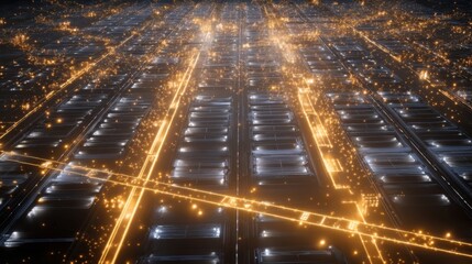 An overhead view of large battery storage units connected with glowing lines to represent data transfer and optimized energy loads across discrete sections of the gigafactory.