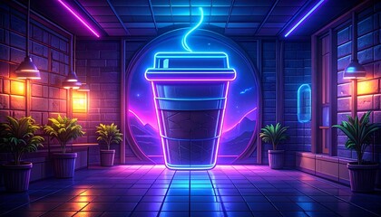 Retro illustration of coffee poster with futuristic neon style