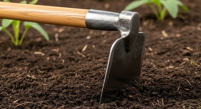 Hoe in Garden Soil Close Up Preparing for Planting