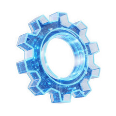 3d icon of a futuristic blue glowing gear with a digital wireframe design, isolated on transparent background