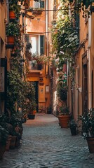 Obraz premium Italian alleyway, plants, terracotta pots, sunlit