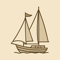 Sailing boat with two masts and flags on calm water