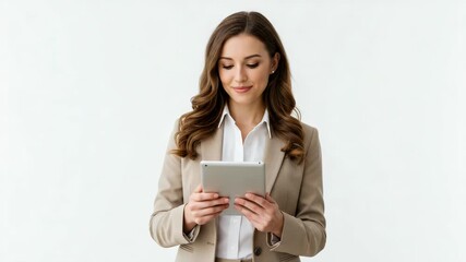 Young professional woman holding a tablet computer isolated on white background, smiling confidently while looking at the camera - Powered by Adobe