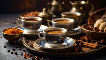 Traditional Turkish ceramic cup filled with strong coffee, surrounded by spices