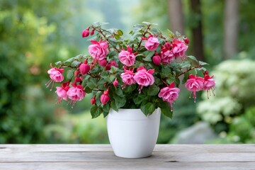 Vibrant pink fuchsia plant blooming in a white pot on a wooden table