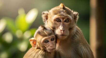 Fototapeta premium Monkey Mother and Baby Together in Nature Wildlife Portrait
