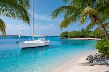 Sailboat mooring near a tropical beach in the caribbean sea with palm trees