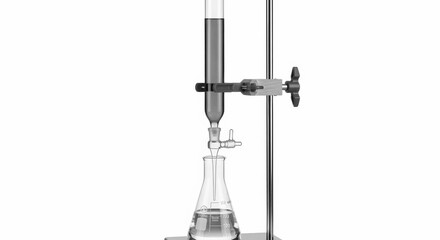 A scientific titration setup with a burette dispensing liquid into an erlenmeyer flask on a retort stand