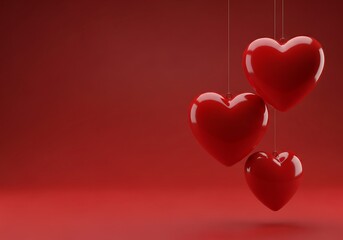Three red hearts hanging against a red background