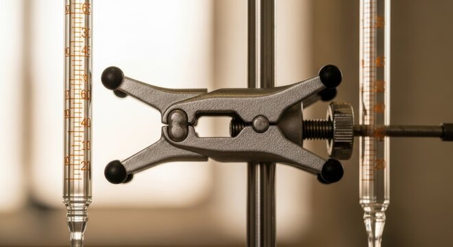 Closeup of two laboratory burettes secured by a clamp on a metal stand
