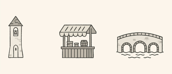 Obraz premium Rural and coastal structures lighthouse timber hut and stone arches