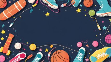 Sports and Fitness Equipment Scattered on a Blue Starry Background