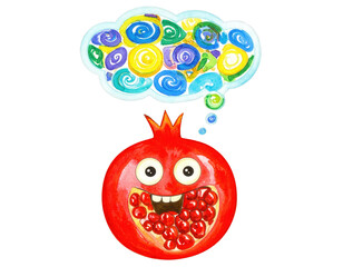 Obraz premium Cartoon Pomegranate with Thought Bubble and Happy Face Illustration.